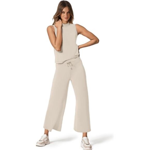 Women's 2-Piece Summer Set - Mock Neck‎ Top & Wide-Leg Crop Pants Lounge Outfit - Picture 2 of 7